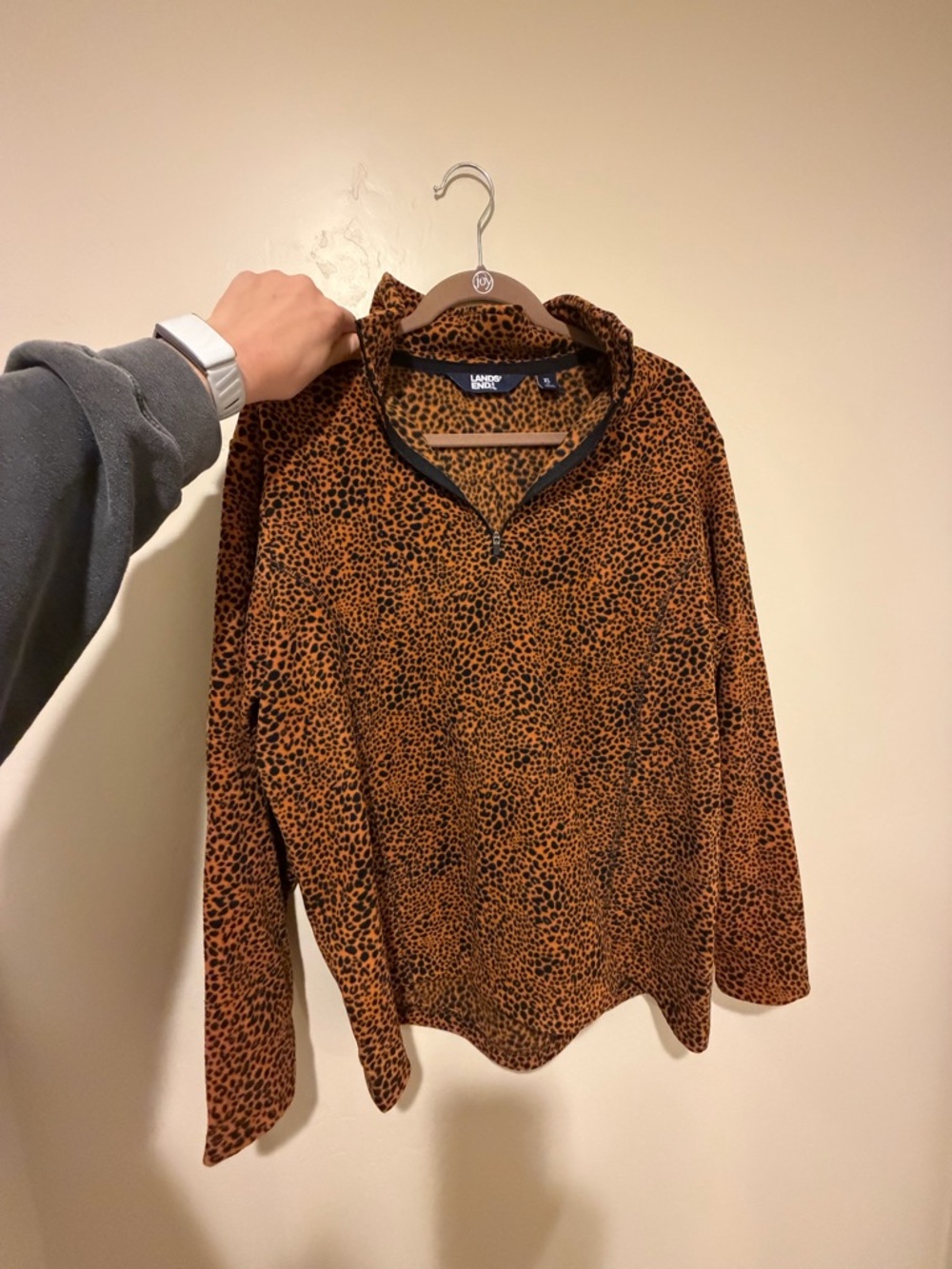 Lands' End Rust Brown Leopard-Print fleece Half-Zip Pullover. Casual and Cozy
